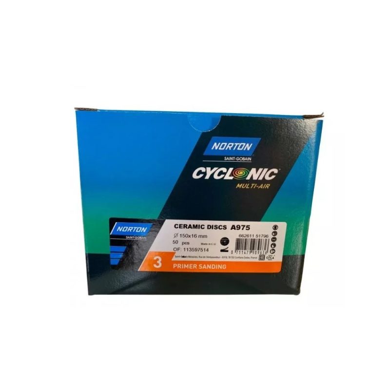 Norton Cyclonic Multi-Air Ceramic Discs A975 150mm PRIMER SANDING – Stage 3 Norton Cyclonic Multi-Air Ceramic Discs A975 150mm PRIMER SANDING - Stage 3 - Image 1